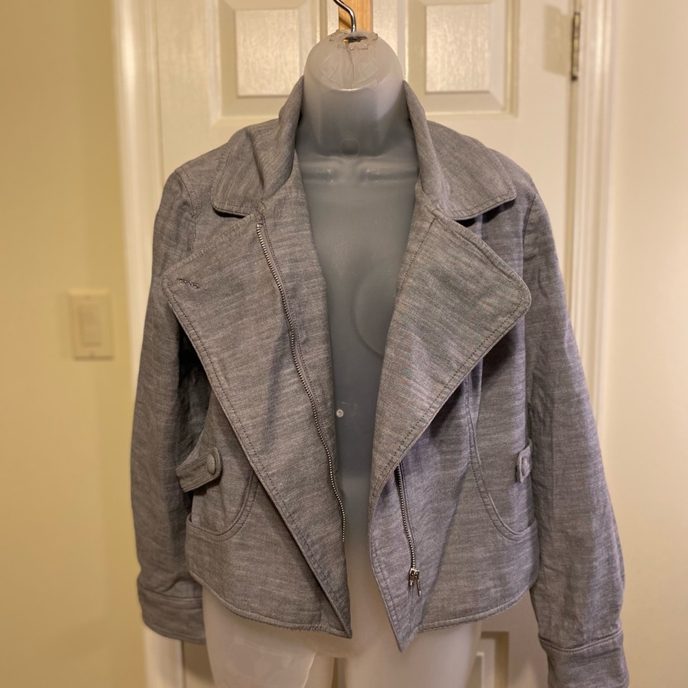 NWOT Apostrophe - Woman’s gray (denim look) moto jacket, Size: 14